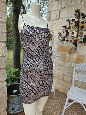Midnight Doll Pink And Silver Sequins On Black Bodycon Cocktail Mini Dress Sz 3